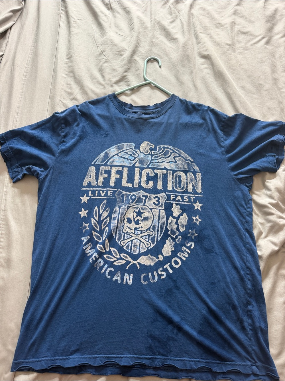 Affliction Blue Graphic Tee with White Crest Logo